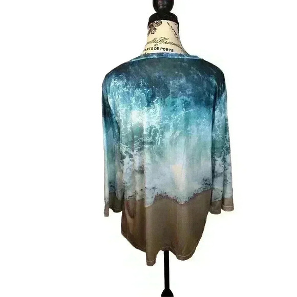 Womens XL Blue White Brown Water Color Beachy Blouse Unbranded 3/4 Sleeves - Picture 3 of 5